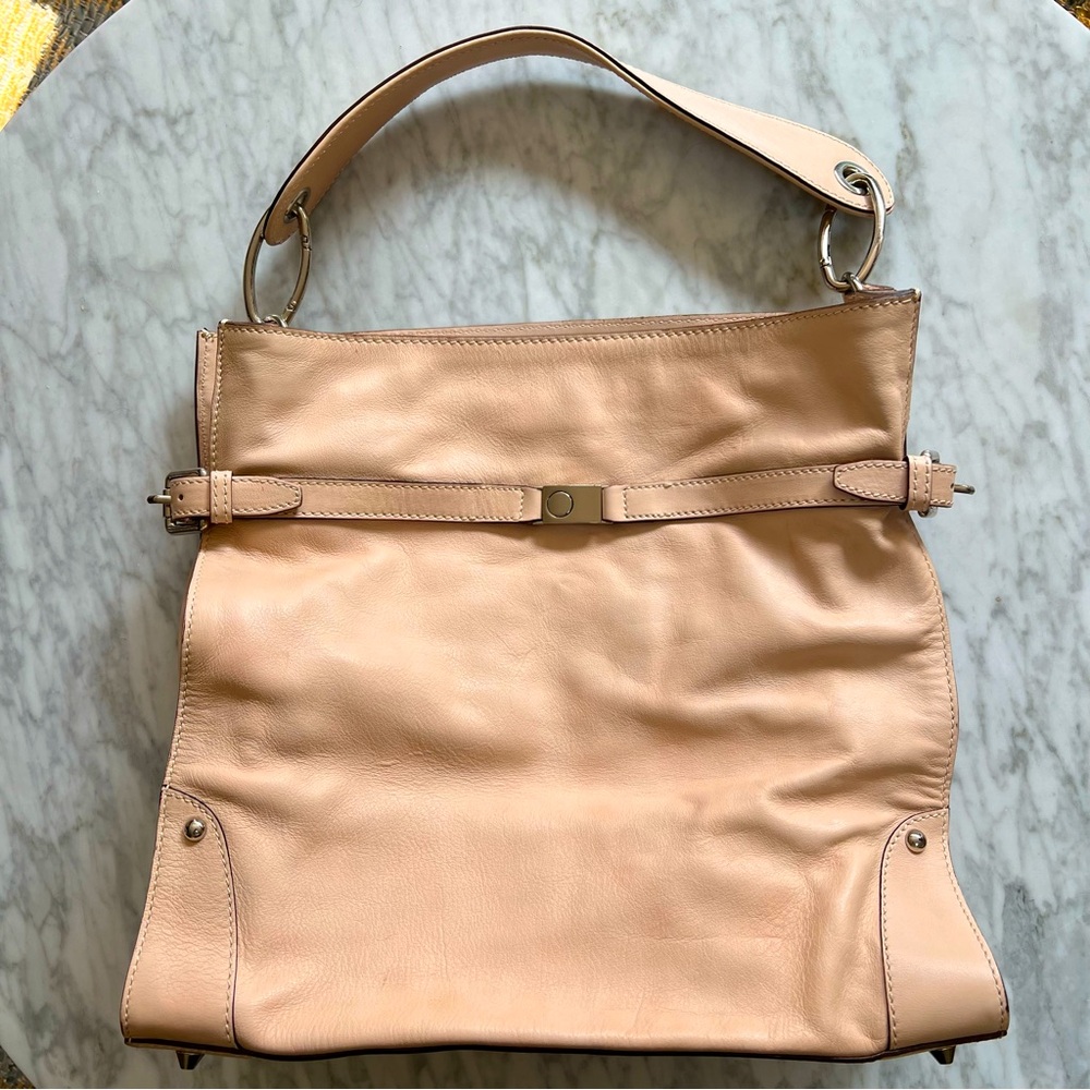 Nude Leather Italian Shoulder Bag with Silver Hardware